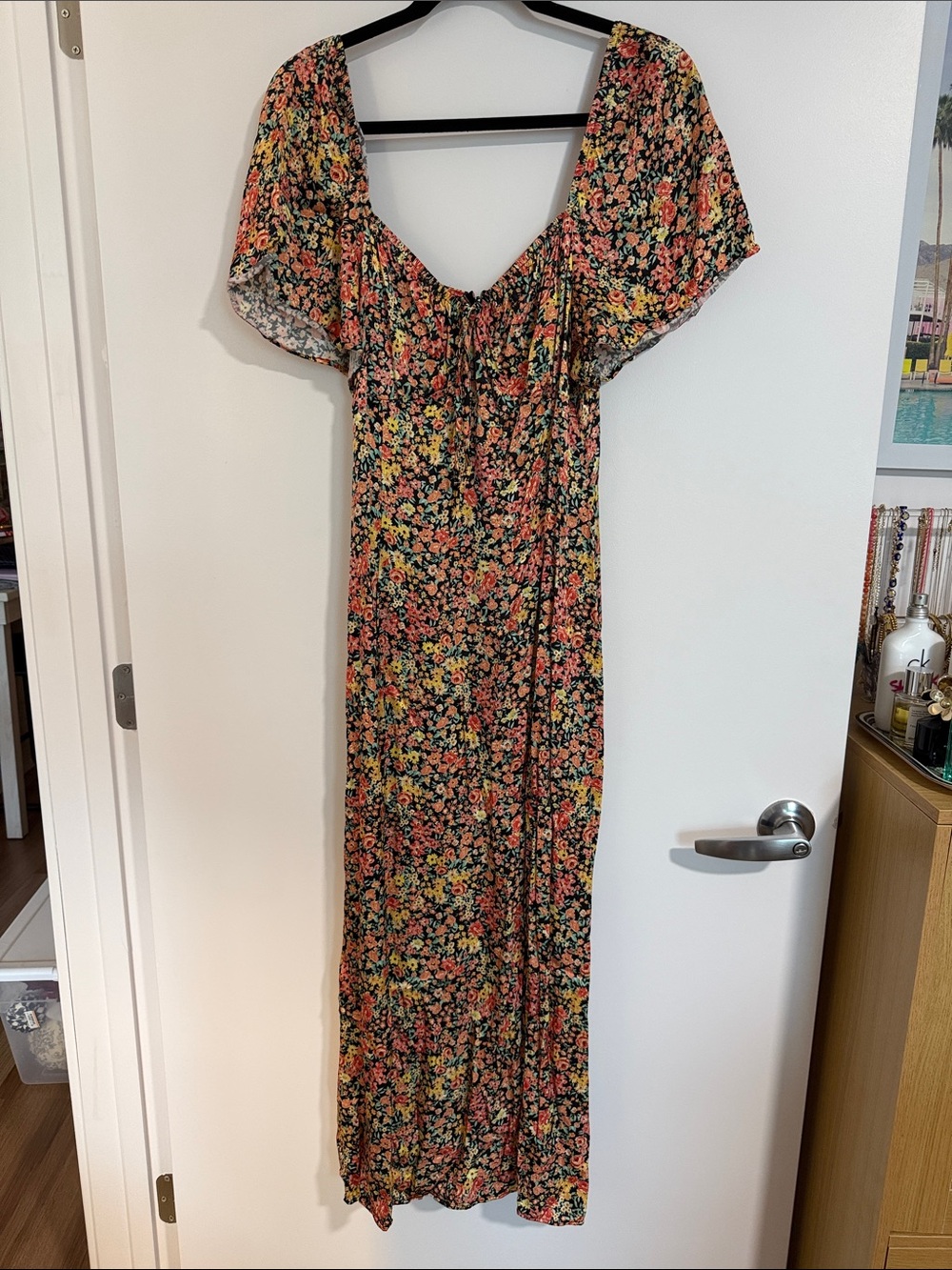 Topshop Black Maxi Dress with Coral & Yellow Floral Print